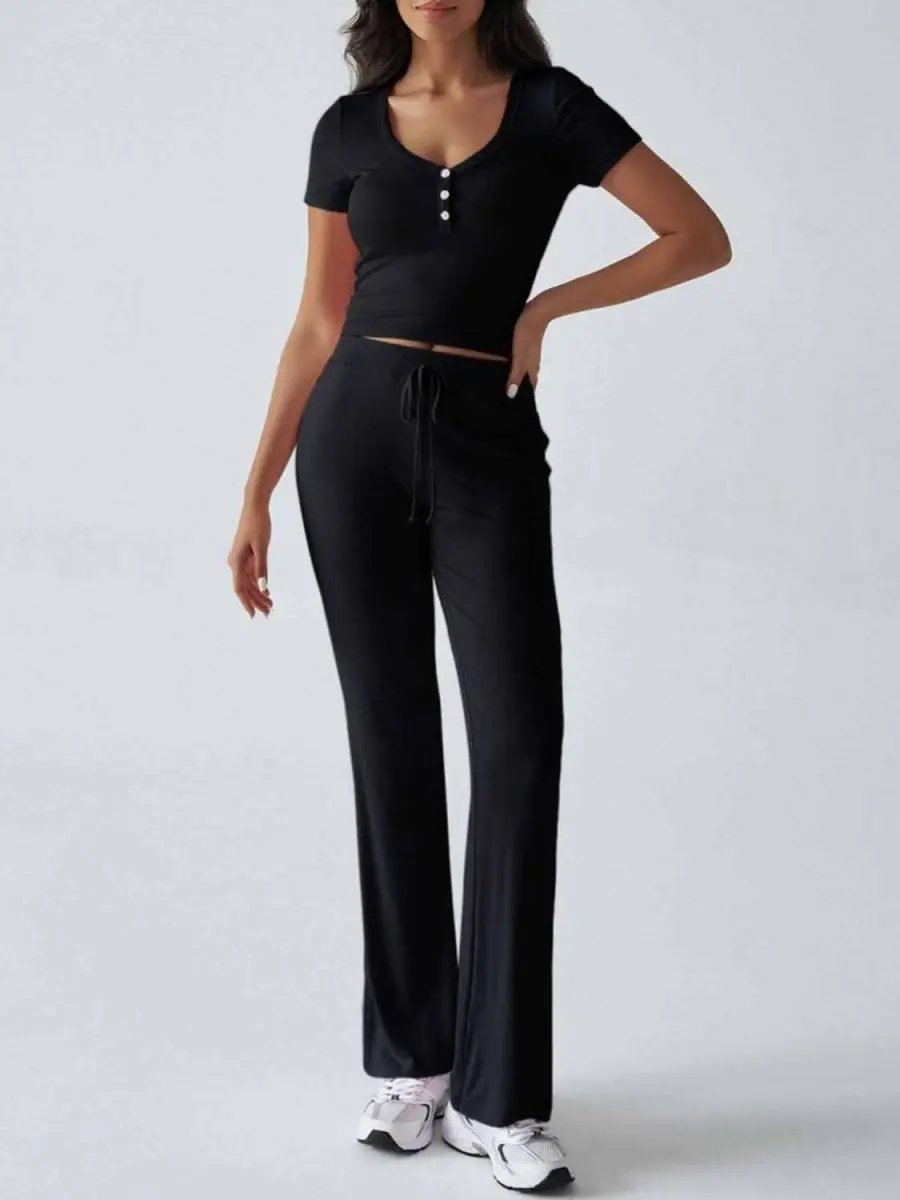 Chic Two-Piece Short Sleeve Top and Drawstring Pants Set - Love Salve